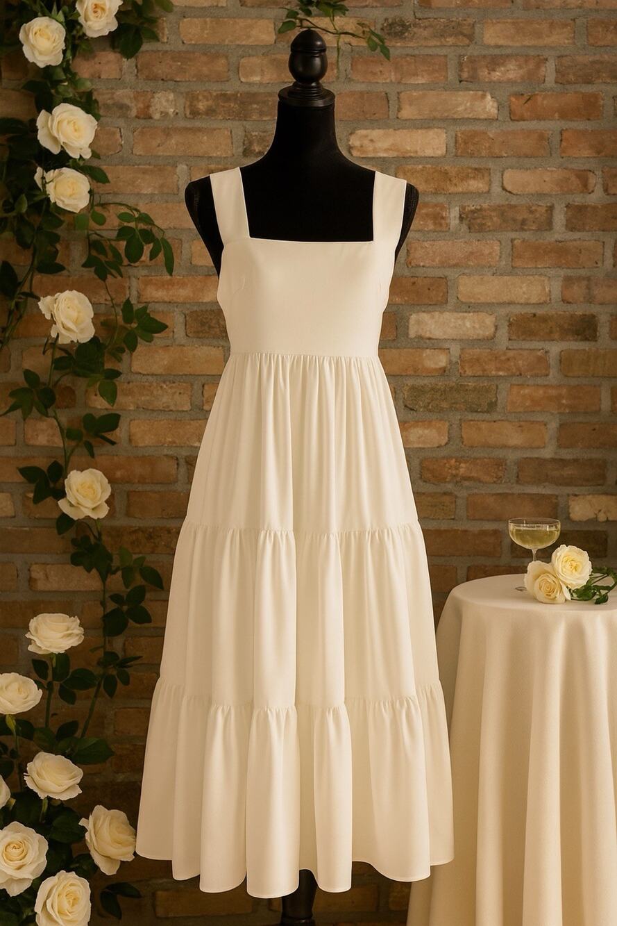 Amanda Uprichard Ivory Mitzi Midi Dress — M Tiered Bridal Shower Honeymoon Grad